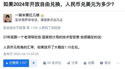 这是一张类似知乎的问答平台截图，提问内容为「如果2024年开放自由兑换，人民币兑美元为多少？」，答主「一袋米要扛几楼」发布了一个偷换概念的趣味回答，称从国家统计局的老领导处得知「人民币元和角的汇率，如果放开了大概在1:10左右」，实际是将问题中的「美元」偷换成「角」，用1元=10角的常识来调侃汇率问题，该回答获得了1156位用户的赞同，发布时间为2024年4月14日。