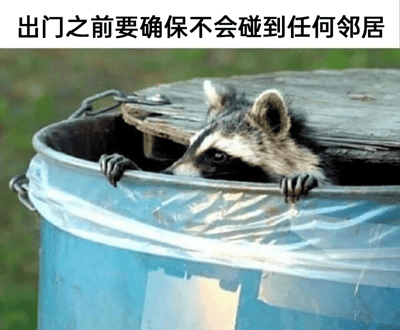 图片上方配有文字“出门之前要确保不会碰到任何邻居”，下方是一只浣熊从蓝色垃圾桶中探出头，两只前爪扒在桶边，眼神警惕地观察四周。通过浣熊偷偷摸摸的神态，幽默比喻了社恐人群出门前害怕遇到邻居的心理状态，画面生动有趣，容易引发共鸣。