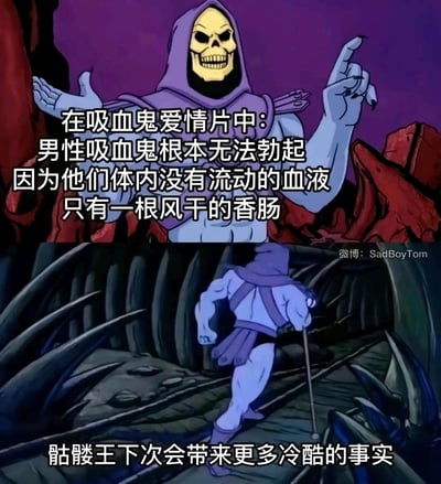 这是一张基于经典动画《宇宙的巨人希曼》角色骷髅王的二次创作梗图，分为上下两部分：
上半部分中，骷髅王摊开双手，一本正经地吐槽吸血鬼爱情片里的不合理设定——男性吸血鬼因体内没有流动血液，无法勃起，并用“风干的香肠”做低俗又搞笑的比喻；
下半部分是骷髅王拄着拐杖转身离开的画面，配文表示“骷髅王下次会带来更多冷酷的事实”。
整图利用吸血鬼的经典设定，通过严肃角色说出无厘头吐槽的反差感制造笑点，属于恶搞类玩梗内容。