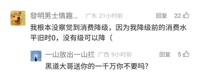 这是一张国内社交平台的评论区截图，包含两条网友的互动留言。第一条来自广东的网友以幽默的口吻调侃自己原本的消费水平为0，因此完全感受不到当下的消费降级现象；第二条来自广西的网友则以玩笑话回应，假设“黑道大哥送一千万”的场景来反问前者，整体对话充满了轻松戏谑的氛围，是网友针对消费降级话题展开的趣味互动。