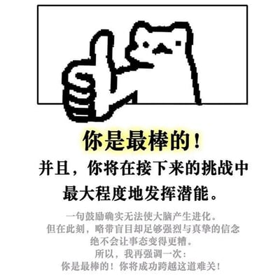 图片上方是一个黑白像素风格的卡通角色（形似猫或熊），它正竖起大拇指，表情温和。角色被置于一个简单的黑色边框矩形内。下方配有大段鼓励文字：“你是最棒的！并且，你将在接下来的挑战中最大程度地发挥潜能。一句鼓励确实无法使大脑产生进化。但在此刻，略带盲目却足够强烈与真挚的信念绝不会让事态变得更糟。所以，我再强调一次：你是最棒的！你将成功跨越这道难关！” 整体风格简洁明快，传递出积极向上的励志情感。