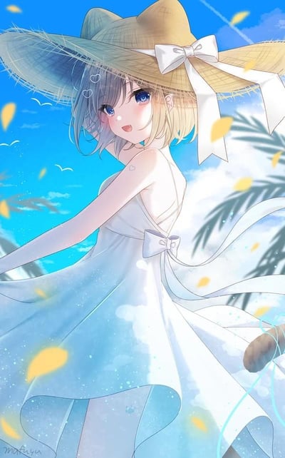 这是一幅日系风格的原创数位插画，画面核心是一位拥有猫耳与猫尾的二次元兽耳少女。少女头戴饰有白色大蝴蝶结的宽檐草帽，浅灰短发上点缀着心形发饰，身着随风扬起的白色吊带连衣裙，露出的肩颈处还有小巧的心形印记。她有着澄澈的蓝紫色眼眸，脸颊晕着淡红，正回头望向观者，神情灵动又带着几分羞涩的娇俏。背景是澄澈的夏日蓝天，点缀着飞翔的海鸟与舒展的棕榈叶，黄色叶片随风飘落，整体色调以清新明亮的蓝白为主，裙摆的透明质感与画面的光效处理，让整幅作品充满了夏日海边的清爽治愈氛围，仿佛能感受到海风的吹拂。