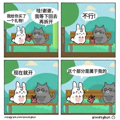 四格连环卡通漫画，描绘了公园里的温馨日常：白色兔子给戴眼镜的灰色猫咪送礼物，猫咪想等回去再拆，兔子却坚持要对方当场拆开，并兴奋地表示“这个部分是属于我的”。画面风格可爱，角色表情生动，通过简短对话展现了朋友间有趣的互动，充满治愈感。