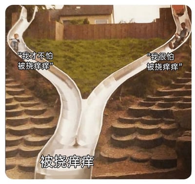 这是一张经过文字二次创作的网络梗图，原型是一张国外户外Y字形滑梯的老照片。图中左侧滑梯上的小孩配文“我才不怕被挠痒痒”，右侧滑梯上的小孩配文“我很怕被挠痒痒”，而两条滑道最终汇合的底部位置配文“被挠痒痒”。图片通过滑梯的走向，以幽默的方式调侃了一种“无论选择哪种态度、哪种路径，最终都会面临相同结果”的无奈处境，用生活化的场景和简单的文字制造出反差感和笑点，属于典型的网络迷因内容。