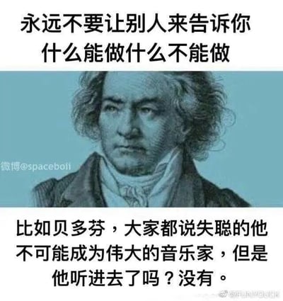这是一张图文混排的顶配底文梗图，整体分为三个部分：上方是醒目的励志标语“永远不要让别人来告诉你什么能做什么不能做”；中间是著名音乐家贝多芬的黑白线稿肖像，他神情严肃，眉头微皱，展现出坚毅的气质；下方是结合贝多芬失聪事迹创作的玩梗文字：“比如贝多芬，大家都说失聪的他不可能成为伟大的音乐家，但是他听进去了吗？没有。”。这里运用了巧妙的双关手法，一方面指贝多芬没有听信他人的否定言论，坚持自己的音乐道路，最终成为享誉世界的伟大音乐家；另一方面利用他失聪的生理特点，字面意思上他根本听不到别人的负面评价，用这种幽默的方式强化了“不要被他人定义、坚持自我”的励志主题，让严肃的励志观点变得诙谐有趣，更容易被传播和接受。