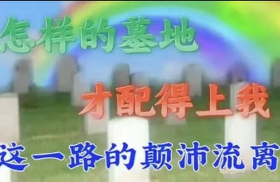 这是一张带有自嘲情绪的丧系梗图，背景是分布着墓碑的墓地，上方还有一道彩虹，搭配三段不同颜色的文字：绿色的“怎样的墓地”、橙色的“才配得上我”、蓝色的“这一路的颠沛流离”。图片以夸张的方式，将人生奔波的终点与“墓地”绑定，调侃自己一路经历的坎坷与疲惫，通过反差感的画面（墓地与彩虹）和扎心的文字，传递出年轻人面对生活压力时的自嘲与无奈，属于网络流行的丧文化表达形式。