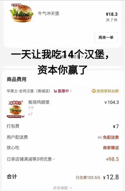 这张图展示了外卖平台上一份夸张数量汉堡的订单界面，配上大号文案“一天让我吃14个汉堡，资本你赢了”，用戏谑语气调侃商家促销和现代消费主义。整体风格幽默无奈，既自嘲“薅羊毛”行为，也讽刺外卖平台各种低价活动和促销套路。

双关/讽刺说明：配文“资本你赢了”调侃了促销背后的资本运作和大众消费的无力反抗。