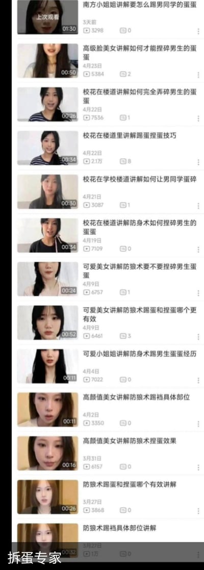 这是一张竖屏手机短视频平台的视频列表截图，展示了13条主题高度统一的视频，所有视频标题均围绕“攻击男性裆部”展开，诸如“讲解如何捏碎男生蛋蛋”“踢蛋和捏蛋哪个更有效”等，封面均为年轻女性博主。图片底部配文“拆蛋专家”，玩了谐音梗，用“拆蛋”谐音“彩蛋”，调侃这些视频将防狼术极端化为攻击男性隐私部位的博眼球内容，整体风格荒诞、低俗，是为了吸引流量而创作的极端化内容。