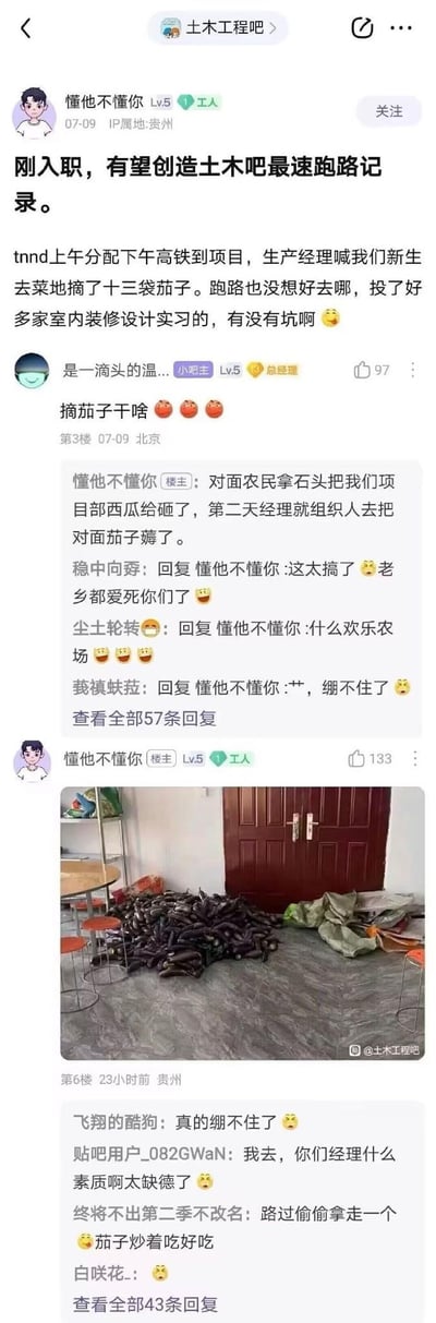 这是百度贴吧土木工程吧的一则职场吐槽帖子，楼主是刚入职的土木新人，上午刚分配岗位下午就被派到高铁项目，还被生产经理安排去摘了十三袋茄子，因此萌生跑路想法，正在咨询室内装修设计实习的坑点。后续楼主解释摘茄子的原因是对面农民砸了项目部的西瓜，经理便组织人员去摘了对方的茄子，还附上了堆满一地茄子的现场照片。帖子下的网友纷纷调侃这像现实版「欢乐农场」，也有人吐槽经理素质差、行为不妥。