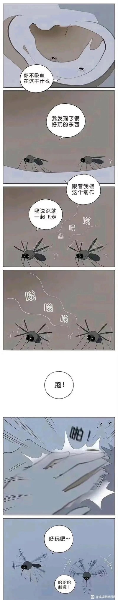 这是一则竖版连环卡通漫画，以拟人化的蚊子为主角：画面开篇，两只蚊子停在熟睡人类的脸上，一只蚊子疑惑地询问另一只为何不吸血，另一只调皮的蚊子表示发现了好玩的事，随后引导同伴一起煽动翅膀制造嗡嗡的噪音，还约定好喊出口令就一起飞走。当噪音成功吵醒人类，人类抬手拍向自己脸部时，调皮的蚊子喊出“跑”，两只蚊子立刻飞走。最后两只蚊子飞在半空，兴奋地觉得这个恶作剧既好玩又刺激，用蚊子的视角演绎了日常让人烦躁的蚊虫骚扰，却以搞笑的方式呈现，充满趣味。