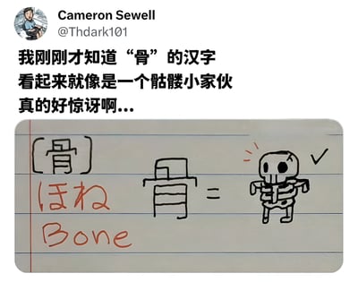 这是一张社交媒体截图，展示了用户Cameron Sewell对汉字“骨”的有趣观察。他发现“骨”字看起来像一个骷髅，并在手写笔记中画了出来进行对比。笔记中包含“骨”字的写法、分解结构以及英文翻译“Bone”，旁边还有一个卡通骷髅简笔画并打了勾，表示确认这种相似性。