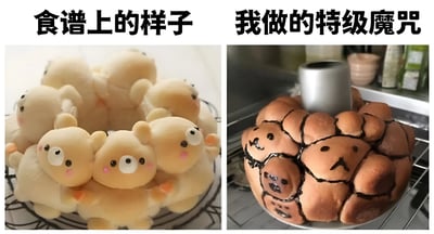 左侧为食谱展示的可爱小熊面包，多个圆滚滚的小熊造型糕点排列成环形，面部有大大的眼睛和粉色腮红，色泽金黄，看起来松软诱人；右侧为实际制作的成果，面包整体焦黑开裂，表面用巧克力酱勉强画出的表情显得扭曲搞笑，中间还插着一个金属模具，被戏称为‘特级魔咒’。通过强烈的视觉对比，幽默展现了烹饪理想与现实的差距。