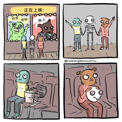 这是一组四格搞笑卡通漫画，讲述了一场充满荒诞感的观影经历：第一格中，沼泽怪物、骷髅、狼人形象的角色站在影院海报前，海报正上映着以沼泽怪物和狼人为主题的电影；第二格中三个角色手拉手，兴奋地指向影院，看起来对这场同主题电影充满期待；第三格切换到影院内，沼泽怪物坐在座位上，旁边的“骷髅”正用自己的胸腔容器装着爆米花，爆米花不断从骨骼缝隙中漏出；第四格揭晓了笑点：原本的狼人角色其实是一只小狗，他正拿着骷髅头套，原来之前的骷髅是他用来伪装的道具，他一人分饰两角和沼泽怪物来看电影，而沼泽怪物对此毫无察觉，整个故事充满了反差感和荒诞的幽默感。