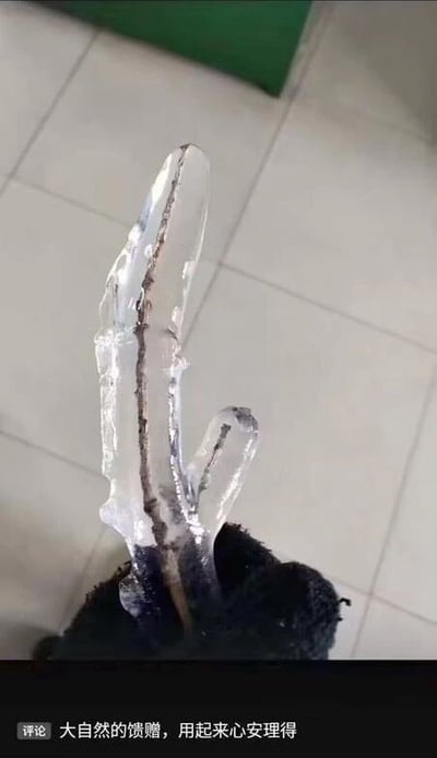这是一张原始拍摄的静态照片，画面主体是一个由自然结冰形成的特殊造型冰柱：深色的枝状物被透明冰层完全包裹，冰层凝结后的外形恰好酷似人类竖中指的手势，冰柱底部被黑色织物包裹固定。背景是浅色的瓷砖地面，上方可见绿色物体的边缘。图片底部配有一条评论“大自然的馈赠，用起来心安理得”，利用冰柱的巧合外形玩双关梗，将这个自然形成的冰柱调侃成可以用来表达负面情绪的“道具”，暗示用这个自然产物的造型来抒发不满时，无需有心理负担，充满趣味。
