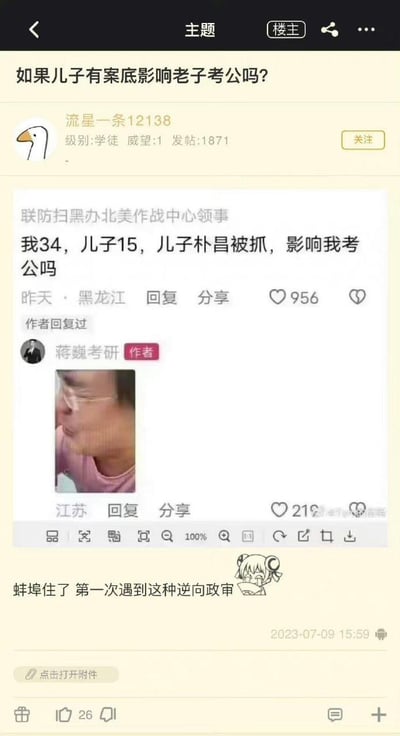 这是一张网络论坛截图，展示了一个关于"儿子有案底是否影响父亲考公"的讨论。楼主"流星一条12138"提出问题后，用户"联防扫黑办北美作战中心领事"回复称自己34岁，儿子15岁因"朴昌"被抓，询问是否影响考公。截图底部还有"蚌埠住了 第一次遇到这种逆向政审"的评论，充满了黑色幽默。