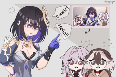 这是一张《崩坏：星穹铁道》的同人创作图，画面左侧是表情严肃的希儿，她伸出手指向下方，喊出「Coralie!!」「Helia!!」（科拉莉和赫丽娅的英文名）；右下角是Q版的科拉莉和赫丽娅，两人低着头，表情委屈低落，一副被批评的模样；右上角的小框还原了游戏内希儿和两位角色发消息的互动场景。整体通过Q版化的演绎，放大了希儿严肃批评的有趣反差感。