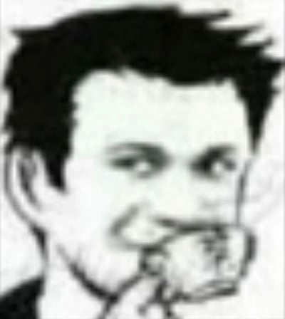 这是一张黑白手绘风格的男性肖像图，画面中仅展示了人物的头部。男性有着短而略显凌乱的头发，五官轮廓清晰，正正视前方，表情保持中性。整幅图像采用简约的线条勾勒，没有复杂的背景或额外装饰元素。
