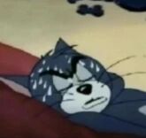 图片中是《猫和老鼠》中的经典角色汤姆猫，它正躺卧在红色的物体表面上，双眼紧闭，眉头紧锁，嘴巴微抿，露出明显的不爽和烦躁表情，仿佛被打扰或处于糟糕的情绪中。画面中没有任何文字内容，仅展示了汤姆猫这一经典的不爽躺卧瞬间。