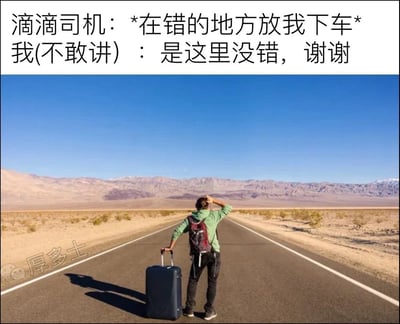 图片上半部分为对话文字，展现滴滴司机误以为在错误地点（荒漠公路）放下乘客，而乘客内心无奈却不敢反驳，只能违心确认“是这里没错”。下半部分是实景照片：一名背着背包、拉着黑色行李箱的旅行者独自站在空旷的沙漠公路中央，左手扶额望向远方连绵的山脉，背景是湛蓝的天空和荒凉的戈壁，强烈的场景反差凸显了对话中的尴尬与幽默。