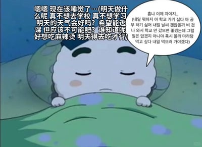 这是一张基于韩国综艺《新西游记》衍生卡通形象神妙汉制作的二次创作表情包图片。图中神妙汉躺在床上，盖着带有蓝色圆点的绿色被子，双眼紧闭，脸颊带着淡淡的红晕，双手抓着被边，神情纠结又慵懒，正处于即将入睡的状态。图中配有中韩双语的内心独白文字，中文内容精准描绘了学生党睡前的纠结心态：既不想第二天上学学习，期待着能因为天气原因逃课，又心心念念着要去吃麻辣烫；韩文则是对应的翻译内容，让不同语言的用户都能感受到这种日常的小情绪，非常贴合当代年轻人尤其是学生群体的真实心理状态，适合用来在社交平台表达对上学的抗拒和对美食的向往。
