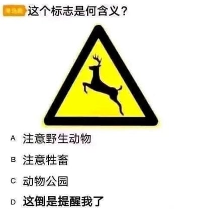 这是一张以交通警示牌（鹿跳跃标志）为主题的搞笑问答图片，作者借用考试或知识竞赛风格，列出四个答案选项，其中前三项是正经解释，而D选项用一种调侃的语气写成“这倒是提醒我了”，戳中网友的无语和幽默点。

图片用了生活中常见的公路野生动物警告牌，通过选择题恶搞，展现网友对“鸡肋知识点”的戏谑态度，让画面更具网感与流行气息。

特殊：D选项是谐音梗/双关句，含有自嘲和“原地警醒”意味，属于常见网络回答梗。