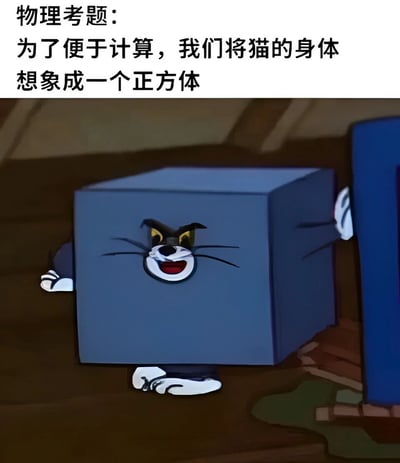 图片上方是一段模拟物理考题的文字：“物理考题：为了便于计算，我们将猫的身体想象成一个正方体”。下方画面中，经典卡通角色汤姆猫的身体被修改成了规则的正方体形状，但保留了其原有的面部特征（黄色眼睛、黑色鼻子、胡须和咧嘴笑的表情）以及白色的爪子，整体呈现出一种荒诞又滑稽的视觉效果。这种改编巧妙结合了物理题中常见的“理想化模型”设定与卡通角色，形成幽默反差。