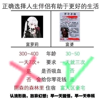 这是一张左右对比的图文混排静态梗图，顶部配有标题“正确选择人生伴侣有助于更好的生活”。图中左侧展示的是“富萝莉”，配图为一位白发双马尾的暗黑风格二次元萝莉形象，结合后续“吸血”的描述，该形象带有吸血鬼的二次元设定；右侧展示的是“富婆”，配图是一张带有“重金求助”字样的类似启事的图片。下方从五个维度对两者进行对比：富萝莉的年龄标注为300-400，要求为“一天7次+”，标注为“是”吸血，“否”会给零花钱，住宿在“阴森的森林里”，该选项被红色叉号标记为否定；富婆的年龄标注为30-50，要求为“一天就三次”，标注为“否”吸血，“是”会给零花钱，住宿在“富人区豪宅”，该选项被绿色对勾标记为肯定。图片底部配文“认清形势，放弃幻想；早一天醒悟，早一天幸福”，通过夸张的反差感，将幻想中的二次元吸血鬼萝莉和现实语境里的富婆进行对比，用搞笑玩梗的方式调侃选择更“实际”的伴侣，是一种贴合网络亚文化的趣味创作。