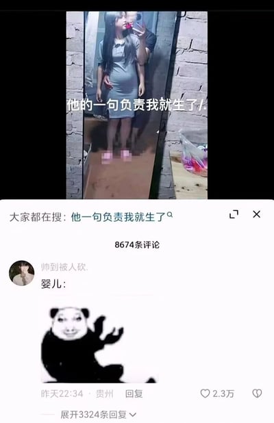 这是一张短视频社交平台的内容截图，上方是一位怀孕的年轻女生与伴侣的镜自拍，配文‘他的一句负责我就生了/.’，显示出该女生仅凭伴侣的一句口头承诺就决定生育的草率选择；下方是平台的搜索栏，显示该内容成为搜索热词‘他一句负责我就生了’，同时展示了评论区的热门评论：用户‘帅到被人砍.’发布的‘婴儿：’加上摆手的熊猫头表情包，用玩梗的方式调侃这种冲动的生育决定，表达出婴儿视角的无奈与后悔，该评论获得2.3万点赞，内容共有8674条评论，整体内容反映出网友对这类仅凭口头承诺就决定生育的行为的调侃与不认同。