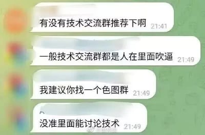 这是一张浅绿色背景的即时通讯软件聊天记录截图，共包含4条对话：21:41有用户发问询问是否有技术交流群可以推荐，21:49另一名用户连续回复三条消息，先是吐槽普通技术交流群里大家大多只会闲聊吹牛，没有实质技术交流，接着开玩笑建议对方去找色图群，调侃称这类群反而有可能真的会讨论相关技术，用违背常理的反差回复制造幽默效果，讽刺了当下很多技术交流群名不副实的现状。
