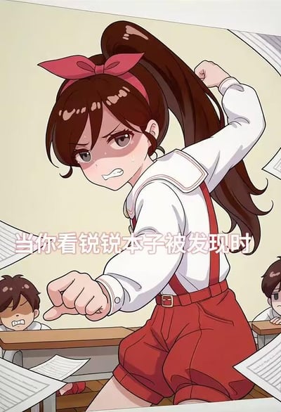 这是一张AI生成的卡通风格静态单图，场景设定在教室中。画面主体是名叫锐锐的女生，她扎着高马尾，戴着红色蝴蝶结发箍，此刻眉头紧皱、咬牙切齿，脸上满是愤怒与羞恼的神情：一只手攥拳抬起，另一只手指向前方，仿佛在怒斥偷看自己本子的人。周围散落着纸张，背景里还有两个趴在课桌上的男生，进一步烘托出教室的场景氛围。图中的文字“当你看锐锐本子被发现时”直接点明了场景，生动还原了自己的隐私物品被偷看时，当事人暴怒的反应，很容易让有过类似经历的人产生共鸣。