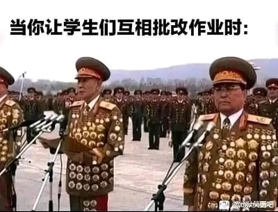 这是一张用于调侃校园生活的搞笑梗图，属于文字加注的P图改编作品。图上方配有文字“当你让学生们互相批改作业时:”，下方是挂满密密麻麻勋章的军官的照片，用勋章的数量来夸张地比喻学生在互相批改作业时，会给同学的作业找出大量的错误、标注繁多的批改痕迹，将原本普通的校园场景用极具视觉冲击力的画面进行类比，制造出强烈的反差感，以此达到搞笑的效果，精准地调侃了学生互批作业时的“细致”甚至“严苛”。