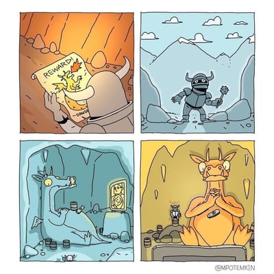 这是一幅四格连环漫画，以传统勇者屠龙的奇幻题材为基础，打造出充满反差感的反转故事：
第一格：在昏暗的洞穴中，一名戴着牛角头盔的战士正手持一张悬赏令，悬赏令上标注着英文“REWARD!（悬赏）”和“DANGER（危险）”，并绘制了一只黄色恶龙的形象，战士似乎正准备前去猎杀恶龙换取赏金。
第二格：战士全副武装，手持武器在雪山峡谷的道路上行进，姿态看起来斗志昂扬，朝着目标方向前进。
第三格：画面切换到一处洞穴内部，一只蓝色的巨龙正悠闲地躺在金币堆旁，看着一台小型电视机，身边放着手机，还有一个迷你战士玩偶，完全没有传统恶龙的凶狠模样，反而像人类一样享受着休闲的居家时光。
第四格：那只被悬赏的黄色巨龙则坐在类似办公桌的位置上，双手合十，面前摆放着一个迷你战士模型，旁边同样有手机和金币，姿态轻松惬意，仿佛在进行“办公”，和悬赏令里危险的恶龙形象形成强烈反差。
整个漫画通过颠覆传统勇者屠龙的对立关系，让恶龙过上了现代人类的日常，勇者反而成为了恶龙的玩物，用这种错位制造出幽默搞笑的效果。