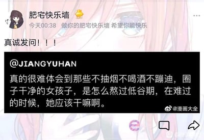 社交媒体截图，显示用户"肥宅快乐墙"发布的内容，包含一个真诚的问题："真的很难体会到那些不抽烟不喝酒不蹦迪，圈子干净的女孩子，是怎么熬过低谷期，在难过的时候，她应该干嘛啊。" 背景是动漫风格的女孩脸部特写。