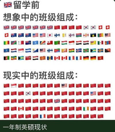 这张图是上下对比的图文内容，左上角带有英国国旗标识，上方板块标注“留学前想象中的班级组成”，展示了大量不同国家的国旗，营造出班级学生来自全球各地、国际化程度极高的场景；下方板块标注“现实中的班级组成”，画面里绝大多数是中国国旗，仅夹杂着零星其他国家的国旗，以此形成强烈的视觉反差，调侃一年制英国硕士班级里中国学生占比极高的现状，精准戳中很多留学英硕学生的真实就读体验，用夸张直观的对比方式表达想象与现实的巨大落差。