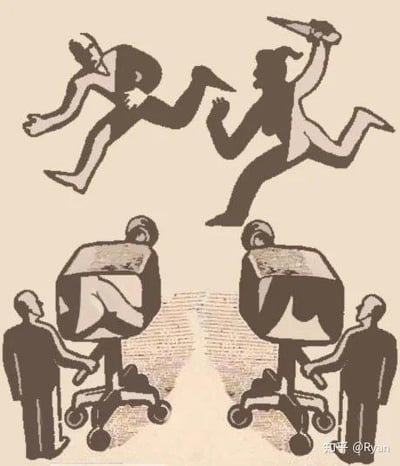 这是一张利用视觉错位原理创作的黑白静态图，画面可以从两个角度解读：从上半部分视角看，是一名持械者在追赶前方奔跑的人，场景紧张；从下半部分视角看，则是两位正装人士各自推着带大箱体的手推车，是日常工作场景。同一画面通过不同观察角度呈现出完全迥异的场景，属于经典的视错觉艺术创作，没有双关、谐音梗等内容。