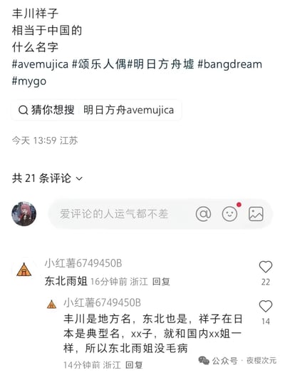 这是一张小红书平台的社交媒体截图，发帖用户ID为丰川祥子，提问日本二次元企划角色丰川祥子相当于中国的什么名字，附带了avemujica、颂乐人偶、明日方舟、bangdream、mygo等相关话题标签，下方评论区有网友回复答案是“东北雨姐”，随后该网友补充解释逻辑：丰川是日本地名，对应中国的东北，日本常见的“xx子”命名格式对应国内的“xx姐”，因此“东北雨姐”和“丰川祥子”的命名逻辑对等，该回复收获了不少用户点赞。
