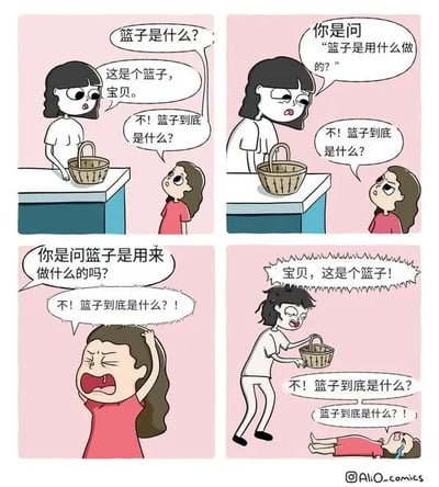 这是一幅四格连环卡通漫画，整体背景为浅粉色。内容讲述一对母女因沟通理解错位产生的搞笑冲突：第一格女儿向母亲提问“篮子是什么？”，母亲指着桌上的竹篮回答“这是个篮子，宝贝”，女儿不满意答案继续追问“不！篮子到底是什么？”；第二格母亲误以为女儿问的是篮子的材质，反问“你是问‘篮子是用什么做的？’”，女儿依旧重复原问题；第三格母亲又误以为女儿问的是篮子的用途，反问“你是问篮子是用来做什么的吗？”，女儿情绪崩溃抓头大喊仍然重复同一个问题；第四格母亲也情绪失控，举着篮子嘶吼“宝贝，这是个篮子！”，女儿直接躺在地上哭着还在反复追问篮子到底是什么，双方都因为对问题的理解不在同一维度，陷入无效沟通的暴躁状态。