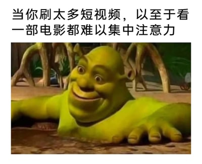 这是一张精准吐槽当代人网络生活状态的梗图，上方配有文字“当你刷太多短视频，以至于看一部电影都难以集中注意力”，下方是动画《怪物史莱克》中史莱克趴在泥水中的场景截图。史莱克呆滞又带着怪异笑意的表情，生动地具象化了长期沉浸在碎片化短视频内容后，注意力被切割、难以长时间专注于长视频的状态，用夸张的卡通形象放大了这种当代人普遍存在的注意力困境，极易引发网友共鸣，属于搞笑类的生活吐槽梗图。