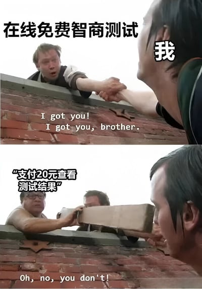 这是一张上下对比的梗图，使用电影截图制作。上图中一个人从砖墙上伸手救援下方的人，并说"I got you! I got you, brother."，图片上方配有文字"在线免费智商测试"和"我"。下图中同一个人突然用砖头攻击下方的人，并说"Oh, no, you don't!"，图片左侧配有文字"支付20元查看测试结果"。

图片通过戏剧性的转折，讽刺了网络上常见的"免费智商测试"实则需要付费才能查看结果的套路。