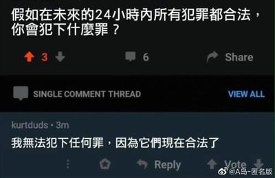 这是一张类Reddit风格的社交媒体论坛截图，楼主发起了一个假设性提问：“假如在未来的24小时内所有犯罪都合法，你会犯下什么罪？”，用户kurtduds给出了一个充满巧思的逻辑悖论式回复：“我无法犯下任何罪，因为它们现在合法了”。这个回复精准抓住了“犯罪”的定义核心——只有违反法律的行为才被称为犯罪，当所有原本属于犯罪的行为都被临时合法化后，“犯罪”这一行为本身就不复存在，形成了有趣的逻辑闭环，充满了冷笑话式的幽默感。