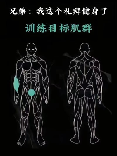 这张梗图以黑色为背景，上方有白色文字“兄弟：我这个礼拜健身了”，中间是青色文字“训练目标肌群”，下方是两个人体肌肉解剖图（正面和背面）。正面图中用青色高亮了右臂肱二头肌和下腹部区域，通过这种夸张的局部高亮方式，幽默地调侃了一些人声称健身但实际只锻炼特定部位的现象。