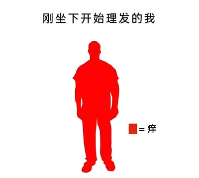 图片为白色背景的图文混排内容，顶部有黑色文字'刚坐下开始理发的我'，中间是一个红色的人体剪影，右下角有一个红色方块标注'= 痒'。整体通过简洁的视觉元素幽默地表现了刚坐下准备理发就开始感到瘙痒的常见生活场景，引发观众共鸣。