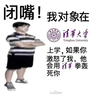 这是一张搞笑整活的梗图，左侧是摆出叉腰拽酷姿势的模糊真人，右侧搭配清华大学的校徽与校名，配文“闭嘴！我对象在清华大学上学，如果你激怒了我，他会用清华拳轰死你”。图中玩了谐音梗，将“清华大学”谐音成“清华拳”，用夸张、无厘头的方式虚张声势，营造出搞笑又嚣张的氛围，多用于和朋友玩梗或者装腔作势。