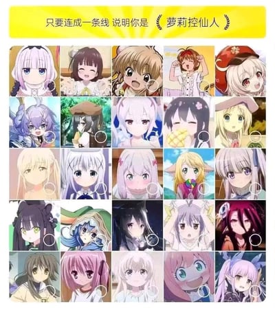 这是一张面向二次元爱好者的趣味互动梗图，顶部配有文字“只要连成一条线 说明你是《萝莉控仙人》”，图中以5×5的布局展示了25位不同的日系二次元萝莉角色头像，每个头像下方都有一个圆形标记，玩法为将这些圆形连成一条线，以此调侃喜爱这类萝莉角色的爱好者，属于二次元圈子内的趣味玩梗内容，无特殊双关或谐音梗。