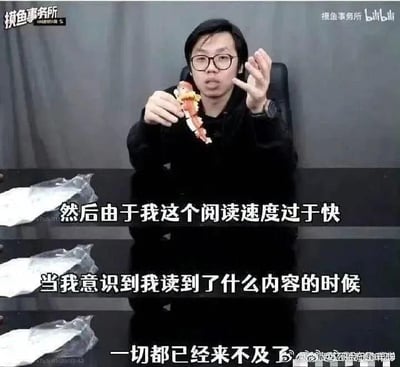 该梗图源自一档Bilibili节目，画面呈现一名嘉宾正说明因阅读过快而错过重要内容，等反应过来时已经来不及的情景，配有中文大字字幕。该梗广泛用于自嘲动作太快导致无法挽回的尴尬时刻。