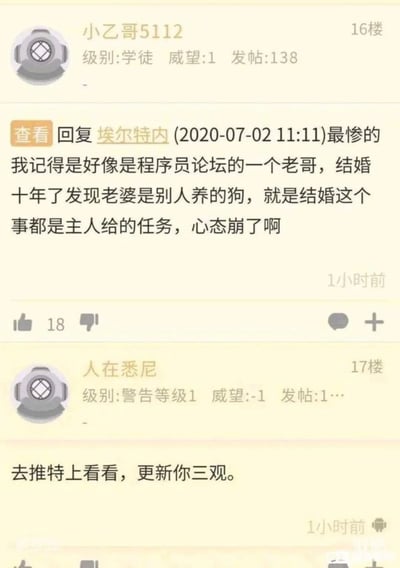 这是一张网络论坛的楼层回复截图，16楼用户「小乙哥5112」分享了一个荒诞至极的传闻：程序员论坛的一位老哥结婚十年，竟发现自己的妻子是别人养的「狗」，就连结婚这件事都是对方主人下达的任务，这位老哥心态彻底崩溃。17楼用户「人在悉尼」随即回复，让大家去推特查看相关内容，称能刷新三观。整个内容充满离谱感，引发网友对这个荒诞八卦的好奇。