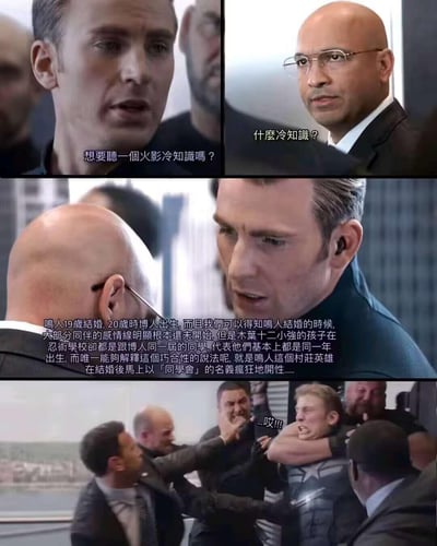 这是一张由漫威《美国队长3：内战》的电梯名场面截图拼接而成的四格连环梗图。第一格美国队长向光头特工提议讲火影冷知识，第二格特工反问，第三格美队凑近说出一个无厘头脑洞：以鸣人结婚时间线和木叶十二小强孩子同届的矛盾，脑补出鸣人以同学会名义组织派对的离谱解释，第四格美队随即被众人按在地上暴打，通过荒诞的脑洞和被暴打的反差制造搞笑效果，用来调侃《火影忍者》衍生作品的时间线逻辑bug。