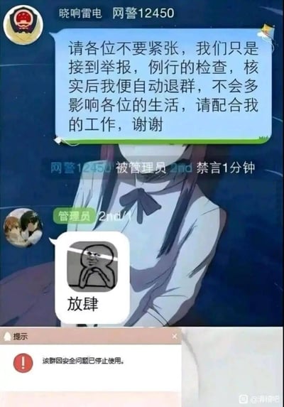 这是一张竖屏的群聊截图类梗图，内容充满荒诞的戏剧性：自称「网警12450」的账号进入群聊后，发布消息称是接到举报来进行例行检查，核实完毕后就会自动退群，不会打扰大家，结果消息刚发出就被管理员「2nd」禁言1分钟，管理员还发送了一张配文「放肆」的斜眼笑表情包，最后系统直接弹出提示「该群因安全问题已停止使用」，形成了搞笑又讽刺的反转效果，让人忍俊不禁。