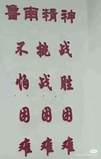 这是一张墙上的企业/学校标语照，通篇使用了大字标题和排列整齐的口号，非常具有中国特色。内容是：“鲁南精神，不畏战，怕战胜，困难困难困难，准准准准”。标语本意可能是表达一种敢于面对困难、不畏惧挑战的精神，但“怕战胜”容易产生歧义，给人一种怕赢了怎么办的幽默感，加上下方重复排列的“困难”和“准”字，意外地制造了一种调侃和搞笑氛围。此图在网络广为传播，常用来调侃“职场鸡汤”、“套娃激励口号”等。