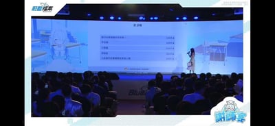 这是《蔚蓝档案》线下“谢师宴”主题活动的现场画面，舞台上一位女主持人手持话筒正在进行讲解，身后的大屏幕展示着玩家的计分排行榜，排名前五的玩家昵称和分数依次为：“粗乃玩單推陽奈世界第一”3669分、“平兄唷”3669分、“三策襲”3664分、“武部虛”3629分、“人在做天在看陽葵在我身上嗎”3623分，屏幕左侧还有《蔚蓝档案》的游戏角色阿罗娜的形象，台下坐满了参与活动的观众。其中部分玩家昵称结合游戏角色阳奈、阳葵玩梗，带有趣味性质。
